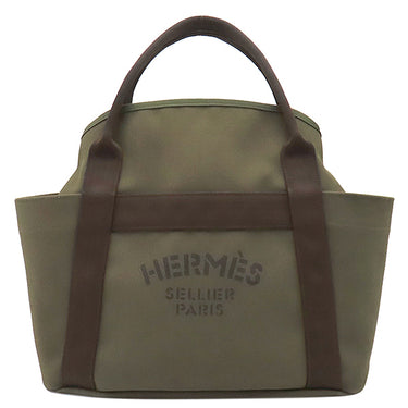 エルメス HERMES サックドパンサージュ グルーム カーキ×オレンジ コットン ポリウレタン ポリアミド 2WAYバッグ シルバー金具 ショルダー トート　