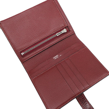エルメス HERMES ベアンコンパクト ルージュアッシュ リザード 二つ折り財布 シルバー金具 赤