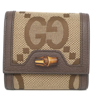 グッチ GUCCI ジャンボGG ダイアナ コンパクトウォレット 658635 ベージュ×ブラウン レザー GGキャンバス 二つ折り財布 バンブー