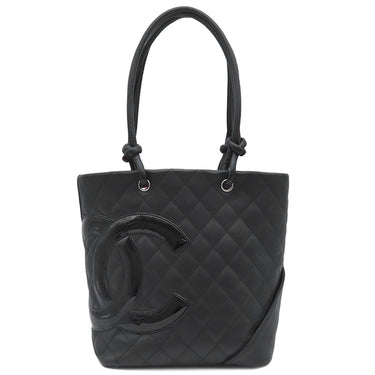 シャネル CHANEL カンボンライン ミディアム A25167 ブラック レザー エナメル トートバッグ シルバー金具 黒 ピンク キルティング ココマーク