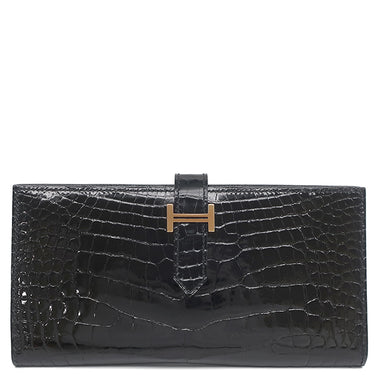 エルメス HERMES ベアンスフレ ブラック アリゲーター 長財布 ゴールド金具 クロコ 二つ折り シャイン