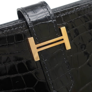 エルメス HERMES ベアンスフレ ブラック アリゲーター 長財布 ゴールド金具 クロコ 二つ折り シャイン