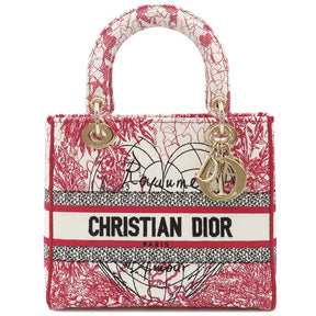 クリスチャン・ディオール Christian Dior レディ D-ライト レッド×ホワイト キャンバス 2WAYバッグ ゴールド金具 エンブロイダリー トート ショルダー