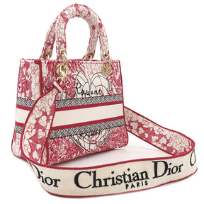 クリスチャン・ディオール Christian Dior レディ D-ライト レッド×ホワイト キャンバス 2WAYバッグ ゴールド金具 エンブロイダリー トート ショルダー