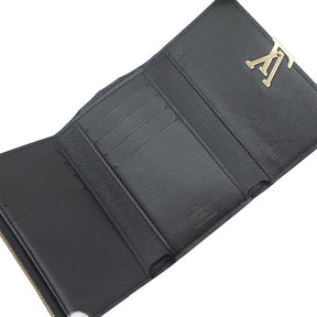 ブラック ポルトフォイユ カプシーヌ コンパクト クロコ N93059 アリゲーター 三つ折り財布 ゴールド金具 黒