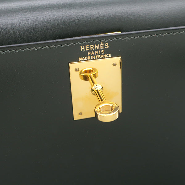 ケリー28 外縫い ダークグリーン ボックスカーフ 2WAYバッグ ゴールド金具 深緑