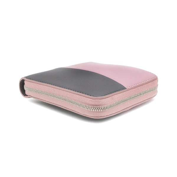 コンパクトウォレット  ピンク×グレー レザー 二つ折り財布 シルバー金具 バイカラー ラウンドファスナー