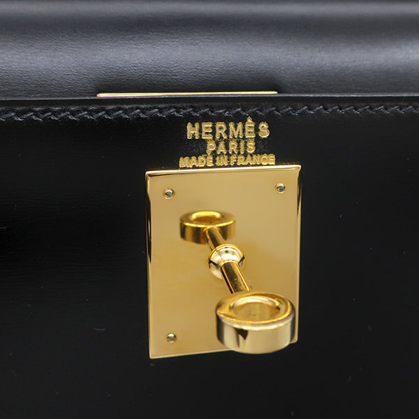 ケリー28 外縫い ブラック ボックスカーフ 2WAYバッグ ゴールド金具 黒
