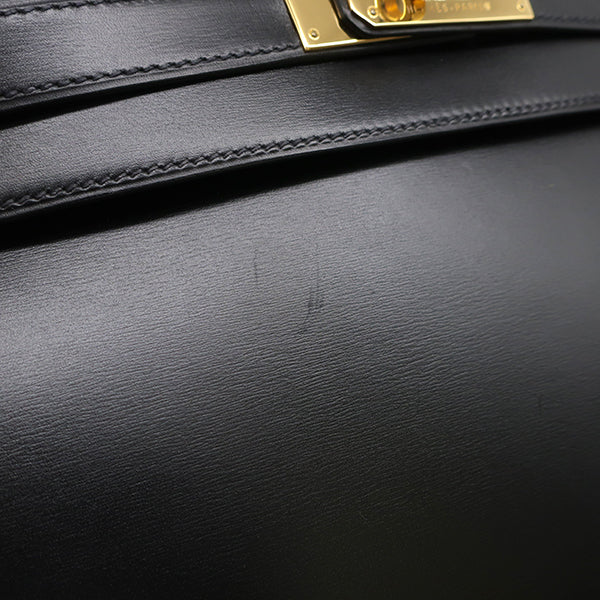ケリー28 外縫い ブラック ボックスカーフ 2WAYバッグ ゴールド金具 黒