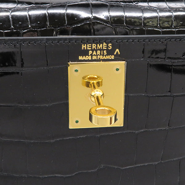 ケリー28 外縫い クロコ ブラック ポロサス 2WAYバッグ ゴールド金具 黒