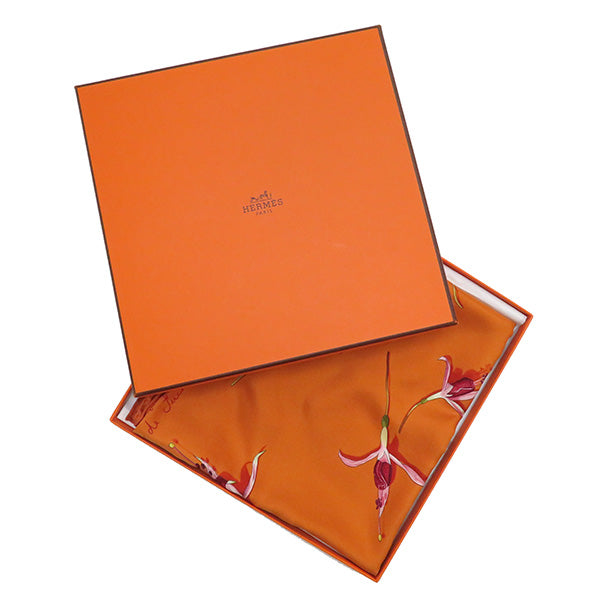 エルメス HERMES カレ90 CARRE オレンジ系Xピンク シルク スカーフ 【Fleurs De Fuchsia/フクシャの花】