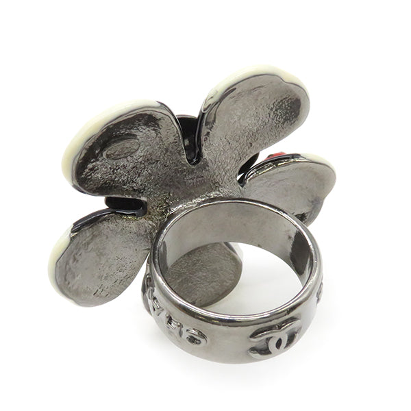 フラワー テントウムシ ココマーク ホワイト×ブラック メタル リング 指輪 ガンメタル金具 黒