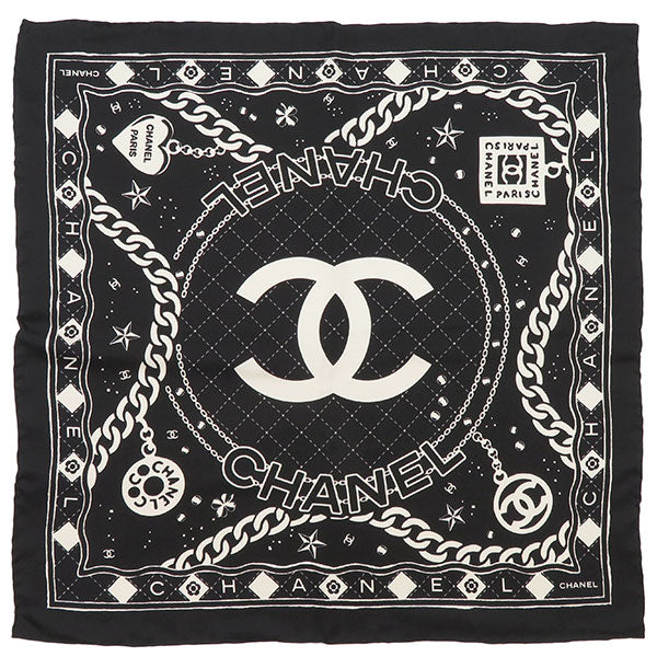 シャネル CHANEL ココマーク チェーン ブラック シルク スカーフ 黒 23P シュシュ欠品