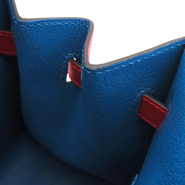バーキン30 カザック セリエ 外縫い ルージュクー×ローズエクストリーム×ブルーザンジバル ヴォーエプソン ハンドバッグ シルバー金具