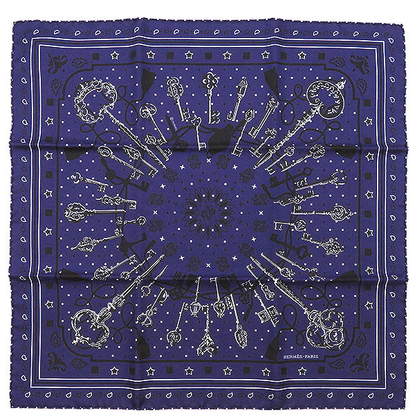 エルメス HERMES カレ55 CARRE マリン×ホワイト×ブラック シルク スカーフ 新品 未使用【Les Cles Bandana/レ クレ】