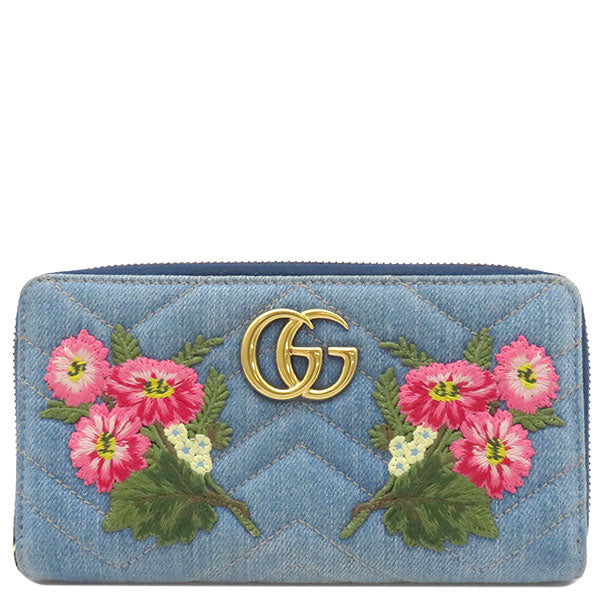 グッチ GUCCI 443123 ブルー デニム 長財布 ヴィンテージ金具 フローラ 花 刺繍