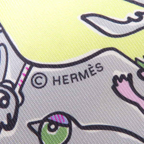 エルメス HERMES ツイリー グリスペール×ローズ×ジョーヌ シルク スカーフ 【MILLE ET UN LAPINS/千と一のウサギ】