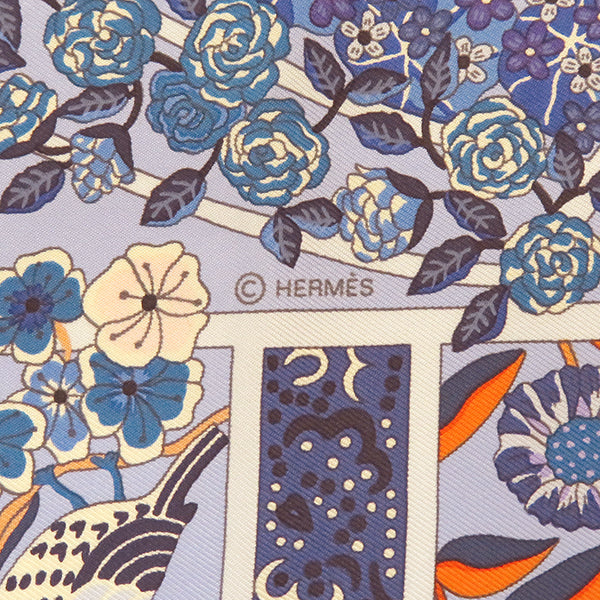 エルメス HERMES カレ90 CARRE ブルー×オレンジ×シエル シルク スカーフ 【Fleurs de Giverny/ジヴェルニーの花 】