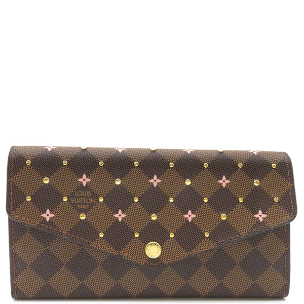 ルイヴィトン LOUIS VUITTON ダミエ エベヌ ポルトフォイユ・サラ N60476 ダミエキャンバス 長財布 ゴールド金具 二つ折り 茶 ピンク バイカラー スタッズ フラワー