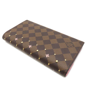 ルイヴィトン LOUIS VUITTON ダミエ エベヌ ポルトフォイユ・サラ N60476 ダミエキャンバス 長財布 ゴールド金具 二つ折り 茶  ピンク バイカラー スタッズ フラワー