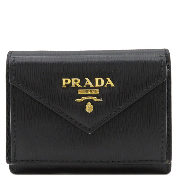 プラダ PRADA ヴィッテロムーブ ミニウォレット 1MH021 ブラック カーフ 三つ折り財布 ゴールド金具 コンパクト