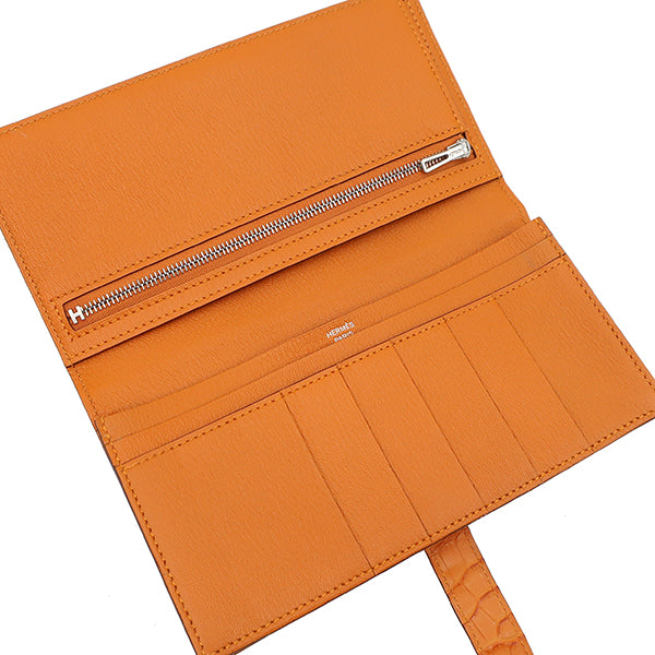 エルメス HERMES ベアンスフレ クロコ アプリコット アリゲーターマット 長財布 シルバー金具 二つ折り財布 オレンジ