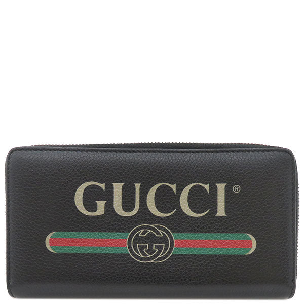 グッチ GUCCI ロゴプリント ジップアラウンド ウォレット 496317 ブラック レザー 長財布 ヴィンテージ金具 ラウンドファスナー 黒