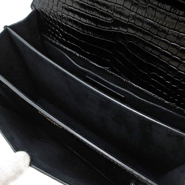 イヴ・サンローラン Yves Saint Laurent サンセット チェーン ショルダー ブラック レザー 2WAYバッグ ゴールド金具 クロコ型押し 黒