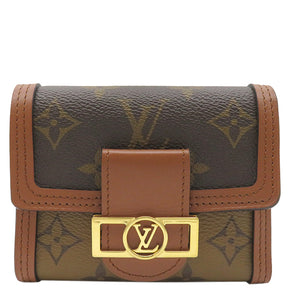 ルイヴィトン LOUIS VUITTON ポルトフォイユ ドーフィーヌ コンパクト M68725 モノグラムキャンバス モノグラムリバースキャンバス 三つ折り財布 ゴールド金具 茶 名前刻印