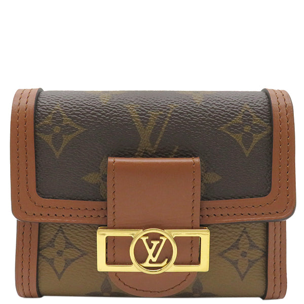 ルイヴィトン LOUIS VUITTON ポルトフォイユ ドーフィーヌ コンパクト M68725 モノグラムキャンバス モノグラムリバースキャンバス 三つ折り財布 ゴールド金具 茶 名前刻印