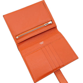 エルメス HERMES ベアンコンパクト オレンジ オーストリッチ 二つ折り財布 シルバー金具