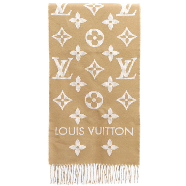 ルイヴィトン LOUIS VUITTON LV エセンシャル M77728 ベージュ ウール マフラー モノグラム 白 バイカラー