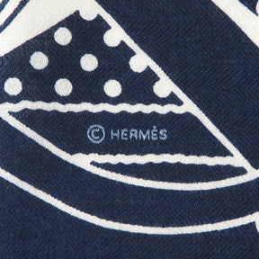 エルメス HERMES ショール カレ140 CARRE ネイビー×ホワイト カシミヤ シルク ストール 【Grand Manege Bandana/グラン マネージュ】