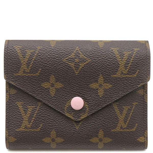 ルイヴィトン LOUIS VUITTON ポルトフォイユ ヴィクトリーヌ M62360 ローズバレリーヌ モノグラムキャンバス 三つ折り財布 ゴールド金具 コンパクト 茶 ピンク バイカラー イニシャル入り